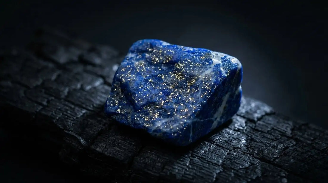 Macro of a single raw natural lapis lazuli rough showing deep royal blue with abundant golden pyrite specks and white calcite veins on charred dark wood — featured image for the lapis lazuli meaning, throat chakra and truth guide