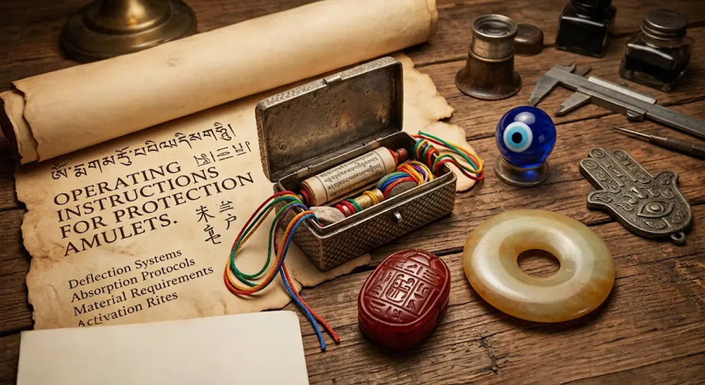Vintage altar table with thread amulets, glass evil eye, jade bi disc, hamsa pendant and wax seal beside an unfurled scroll titled 'OPERATING INSTRUCTIONS FOR PROTECTION AMULETS' with Tibetan script