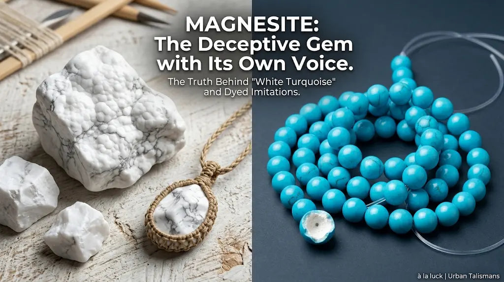 Editorial diptych: raw white magnesite chunks with a magnesite pendant on the left, dyed teal mala beads on the right, under the headline 'MAGNESITE: The Deceptive Gem with Its Own Voice — The Truth Behind White Turquoise and Dyed Imitations'