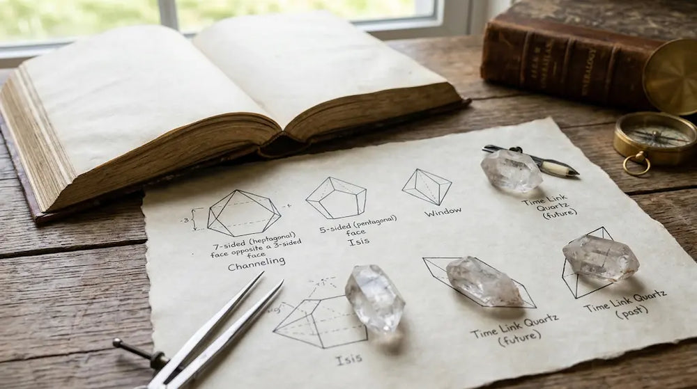 Hand-drawn parchment diagram of Master Crystal quartz forms — Channeling, Isis, Window, Time Link past and future — with matching clear quartz specimens placed on the diagram beside an antique mineralogy book and brass compass