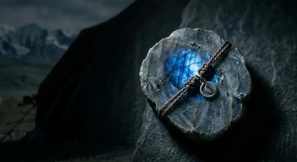 À la luck hand-knotted oval labradorite cabochon pendant on dark cord with a small tin moon charm, resting in the hollow of a weathered grey palm-stone before a backdrop of mist-shrouded snow-capped Himalayan mountains and a black yak-hair tent