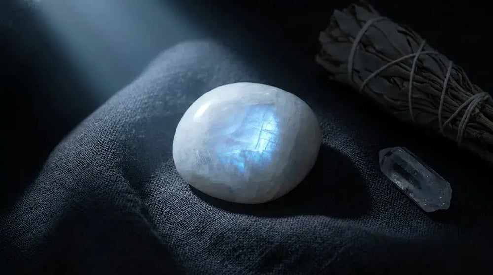 Polished rainbow moonstone palm-stone with strong blue adularescence flash on dark grey linen, beside a small clear quartz double-terminated point and a tied bundle of dried white sage smudge — moonstone bracelet, crown chakra and intuition guide