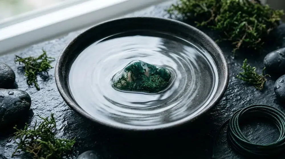 Polished moss agate tumbled stone — clear chalcedony with green dendritic moss-like inclusions — floating in a dark ceramic bowl of water with concentric ripples, surrounded by tufts of fresh moss on slate by a window