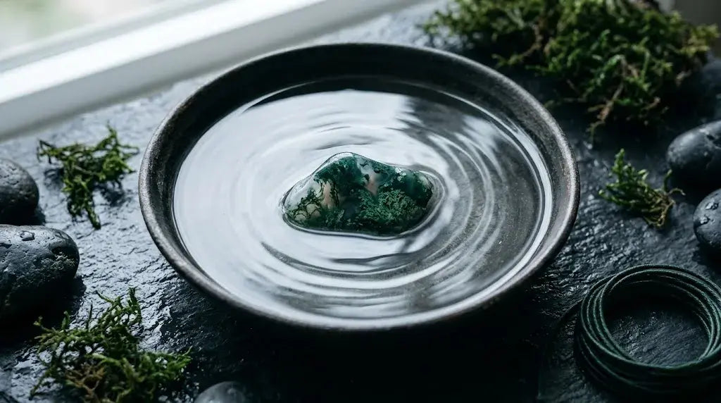 Polished moss agate tumbled stone — clear chalcedony with green dendritic moss-like inclusions — floating in a dark ceramic bowl of water with concentric ripples, surrounded by tufts of fresh moss on slate by a window