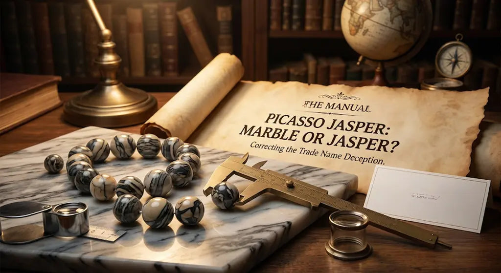 Editorial flat-lay of polished marble Picasso bead pendants beside brass calipers and a parchment scroll labelled 'PICASSO JASPER: MARBLE OR JASPER? Correcting the Trade Name Deception'