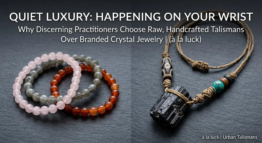 Diptych on dark slate: stacked branded round-bead crystal bracelets (rose quartz, labradorite, carnelian) on left; à la luck raw black tourmaline cord pendant with dzi bead and turquoise spacer on right. Headline: QUIET LUXURY: HAPPENING ON YOUR WRIST