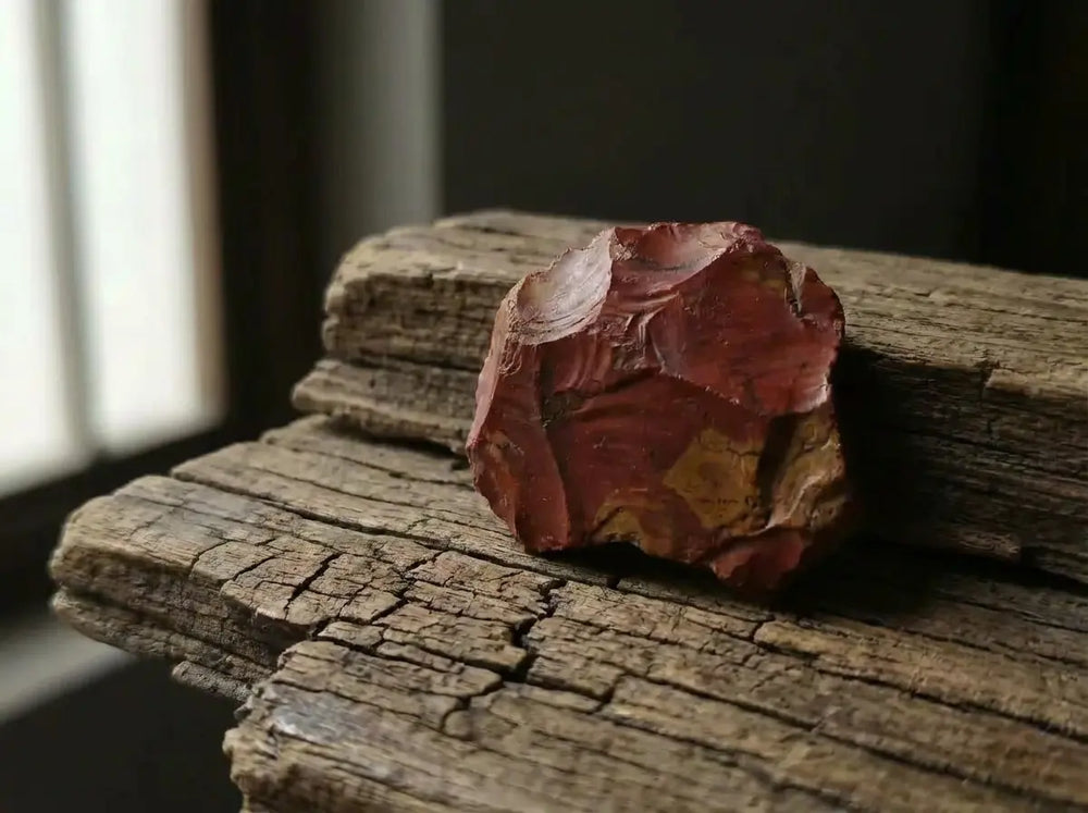 Raw red jasper chunk on weathered wood — featured image for the red jasper meaning, properties and root chakra grounding guide