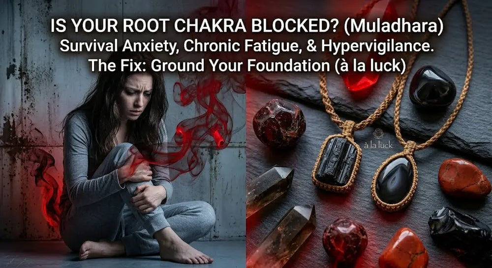 Split editorial: anxious woman against a concrete wall with red smoke around her on left; à la luck cord-wrapped raw black tourmaline pendant beside tumbled red jasper, obsidian, smoky and clear quartz on right. IS YOUR ROOT CHAKRA BLOCKED? (Muladhara)