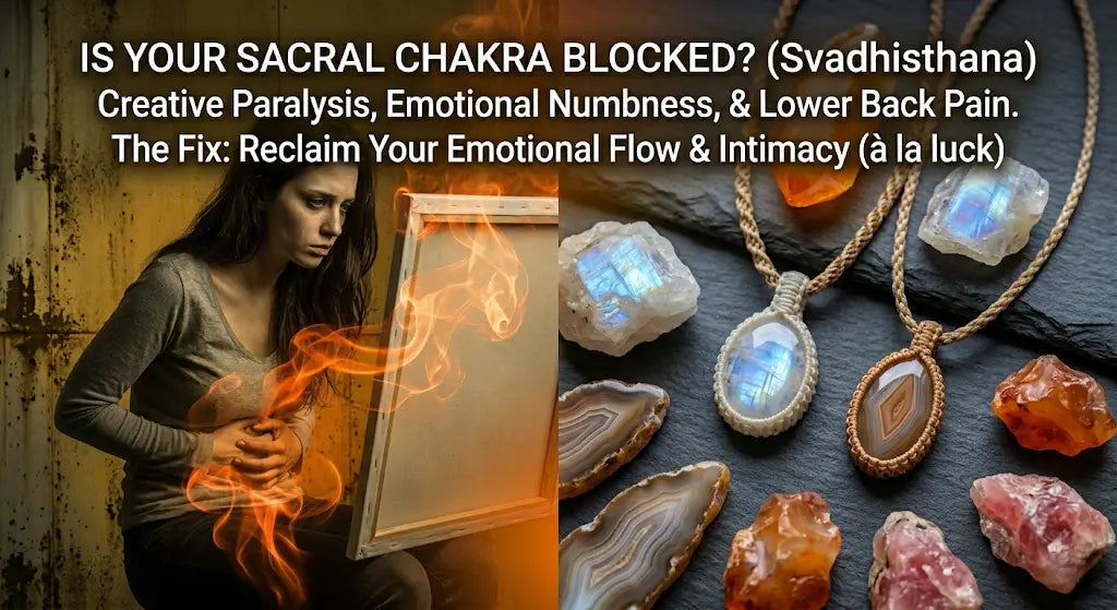 Split editorial: woman before a blank canvas with orange smoke at her sacral area on left; rainbow moonstone and agate slice pendants beside raw moonstone and carnelian on right. IS YOUR SACRAL CHAKRA BLOCKED? (Svadhisthana)