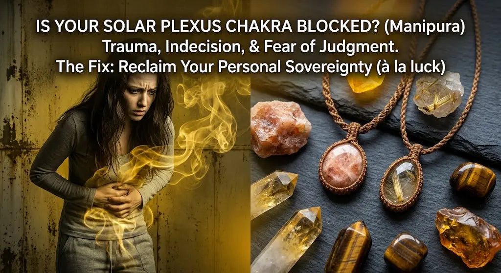 Split editorial: woman holding her stomach with yellow smoke on left; sunstone, rutilated quartz, citrine and tiger's eye pendants in rose-gold cord beside raw stones on right. IS YOUR SOLAR PLEXUS CHAKRA BLOCKED? (Manipura)