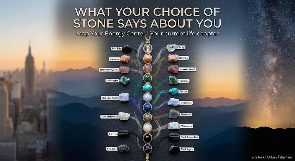 À la luck Urban Talisman vertical 8-bead chakra strand with raw-stone callouts — Sunstone, Strawberry Quartz, Moss Agate, Blue Lace Agate, Moonstone, Black Tourmaline, Black Agate — over city-to-mountain skyline (WHAT YOUR CHOICE OF STONE SAYS ABOUT YOU)