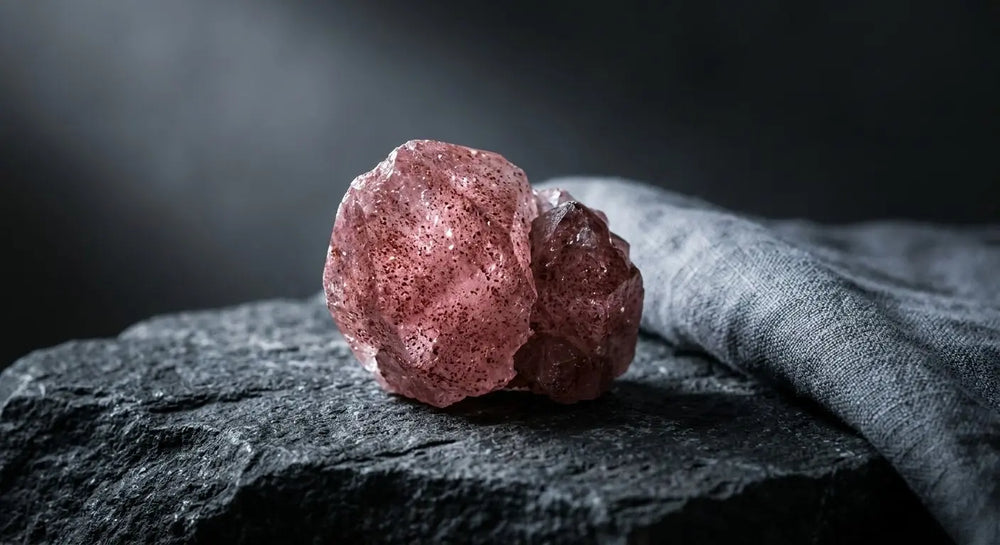 Two raw pink-red strawberry quartz rough chunks showing sparkly hematite inclusions on dark slate wrapped in grey linen — featured image for the strawberry quartz meaning, heart chakra and self-worth guide