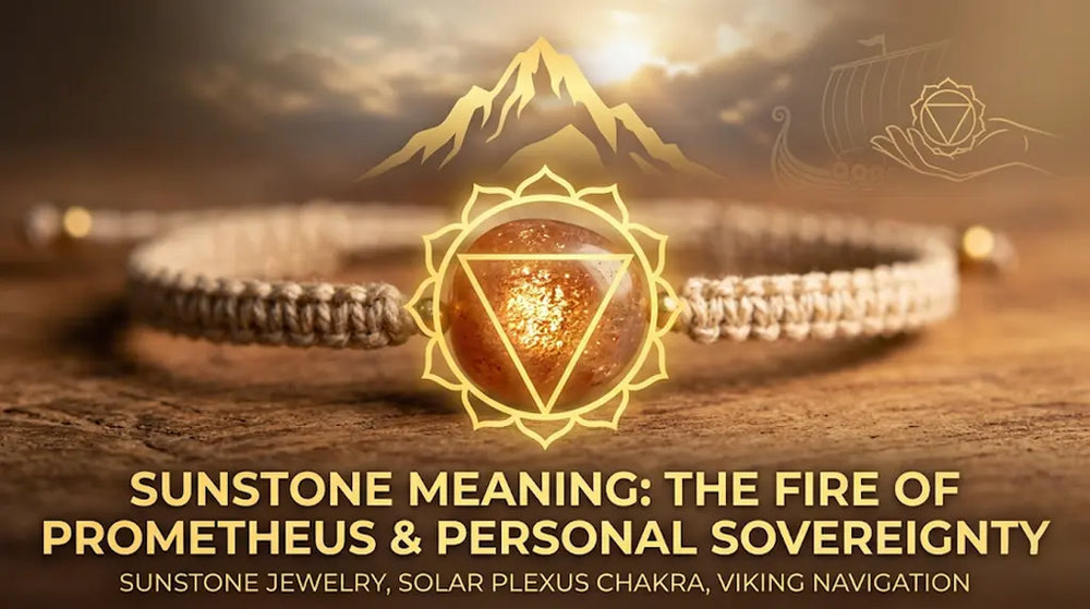 À la luck hand-knotted hemp bracelet with a single sunstone bead under a gold solar-plexus chakra glyph and Viking longship overlay — sunstone meaning, fire of Prometheus and personal sovereignty
