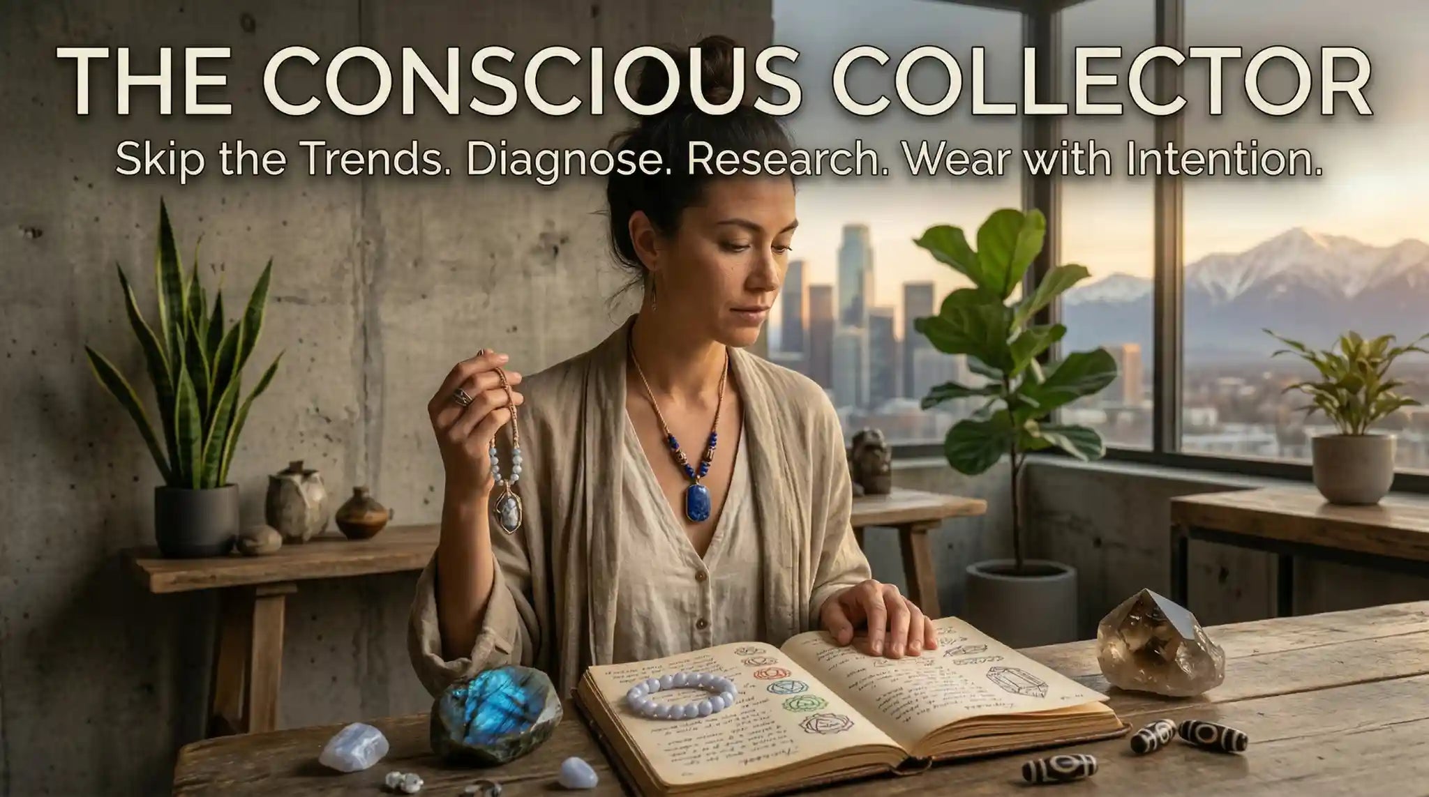 Woman at a wooden desk overlooking a city skyline, wearing a raw lapis lazuli pendant and holding a moonstone bracelet, with a chakra notebook and loose stones. Headline: THE CONSCIOUS COLLECTOR — Skip the Trends. Diagnose. Research. Wear with Intention.