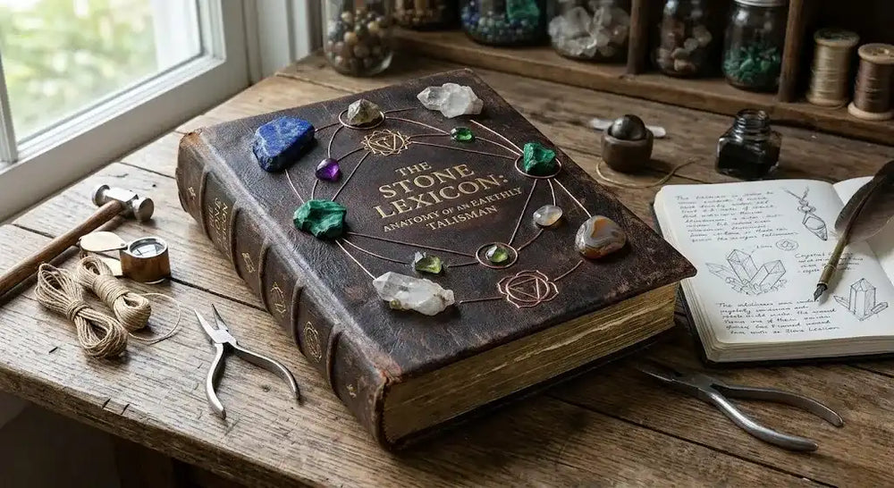 Editorial flat-lay: leather-bound book titled 'THE STONE LEXICON: ANATOMY OF AN EARTHLY TALISMAN' on a workbench by a window, surrounded by raw lapis, malachite, clear quartz, peridot, tiger's eye, hemp cord bobbins, pliers and an inkwell with quill