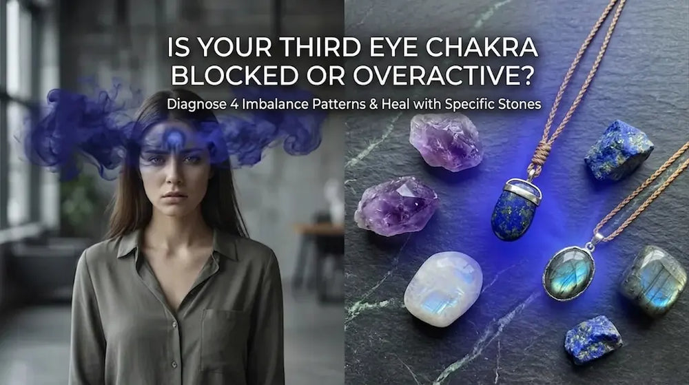 Split editorial: woman with indigo smoke at her brow on left; raw amethyst chunks, lapis lazuli pendants, rainbow moonstone and labradorite cabochon pendants on grey-green slate on right. IS YOUR THIRD EYE CHAKRA BLOCKED OR OVERACTIVE?