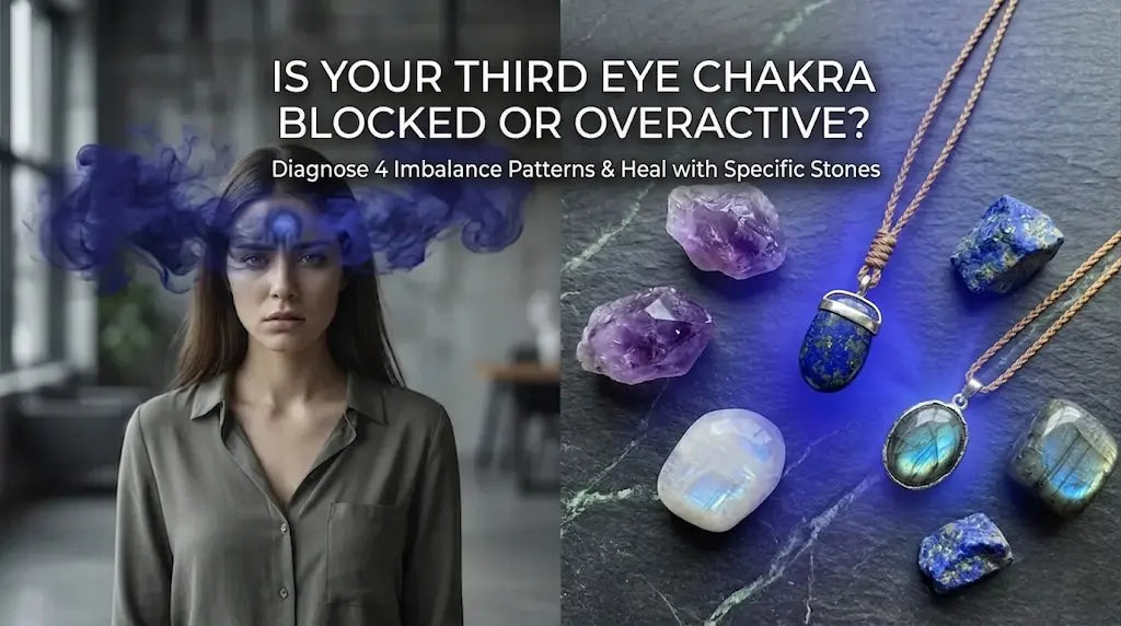Split editorial: woman with indigo smoke at her brow on left; raw amethyst chunks, lapis lazuli pendants, rainbow moonstone and labradorite cabochon pendants on grey-green slate on right. IS YOUR THIRD EYE CHAKRA BLOCKED OR OVERACTIVE?