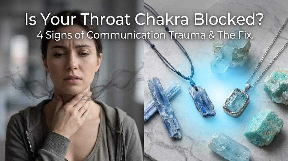 Split editorial: woman touching her throat with thin smoke trails on left; blue kyanite blade pendant, raw aquamarine and amazonite pendant on light marble on right. Is Your Throat Chakra Blocked? 4 Signs of Communication Trauma & The Fix.