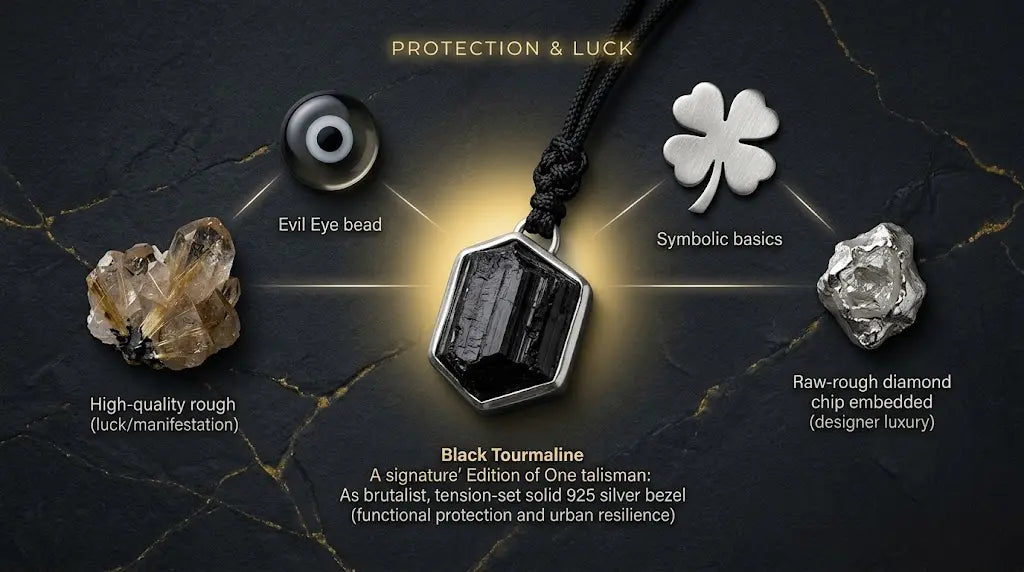 À la luck Black Tourmaline pendant on cord at centre on dark slate, surrounded by labelled callouts — Evil Eye bead, High-quality rough (luck), Symbolic basics, Raw-rough diamond chip embedded. Headline: PROTECTION & LUCK