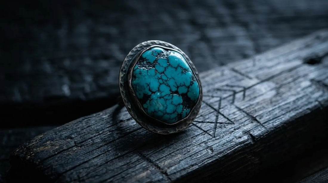 Macro of an à la luck hand-bezelled blackened-silver ring with a domed natural turquoise cabochon showing rich teal blue and classic black spider-web matrix on charred dark wood with carved geometric markings