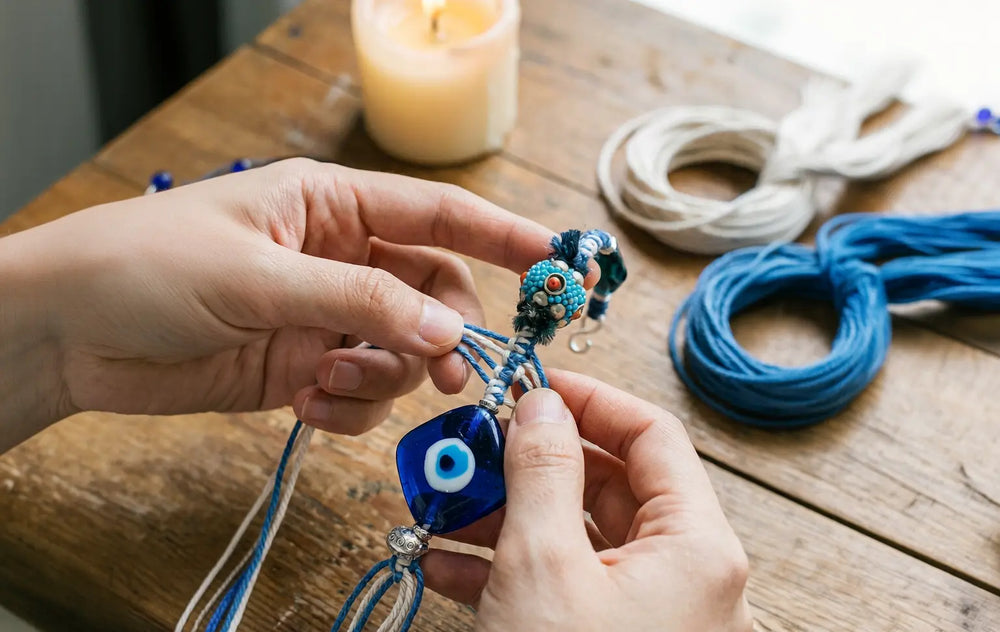 Maker's hands hand-knotting an evil-eye talisman with a blue glass nazar bead on a wooden table beside a lit candle and coils of cream cotton cord and blue thread — featured image for the daily-wear talisman buyer guide