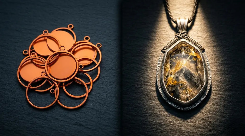 Diptych on slate: stack of identical mass-produced rose-gold pendant blanks on left; à la luck one-of-a-kind cord-wrapped gold rutilated quartz pendant in a hand-bezelled silver frame on right — real handmade edition-of-one jewelry guide