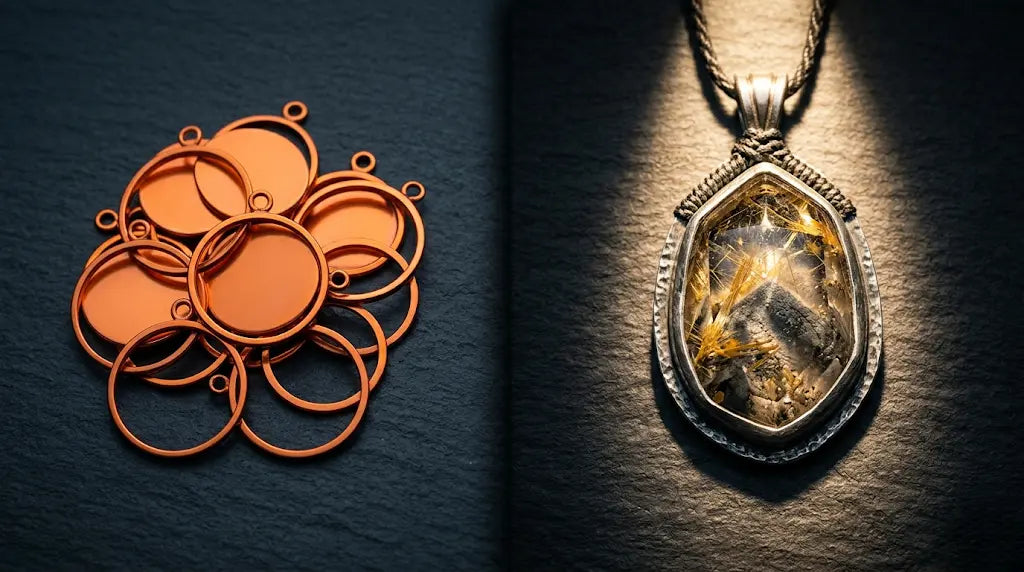 Diptych on slate: stack of identical mass-produced rose-gold pendant blanks on left; à la luck one-of-a-kind cord-wrapped gold rutilated quartz pendant in a hand-bezelled silver frame on right — real handmade edition-of-one jewelry guide