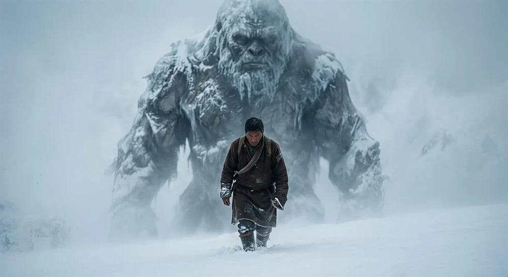 Lone Tibetan traveller in a brown chuba walking through a snowstorm with a colossal snow-and-ice-encrusted Yeti silhouette towering behind him in the blizzard mist — featured image for the Yeti and Tintin in Tibet Himalayan myth article