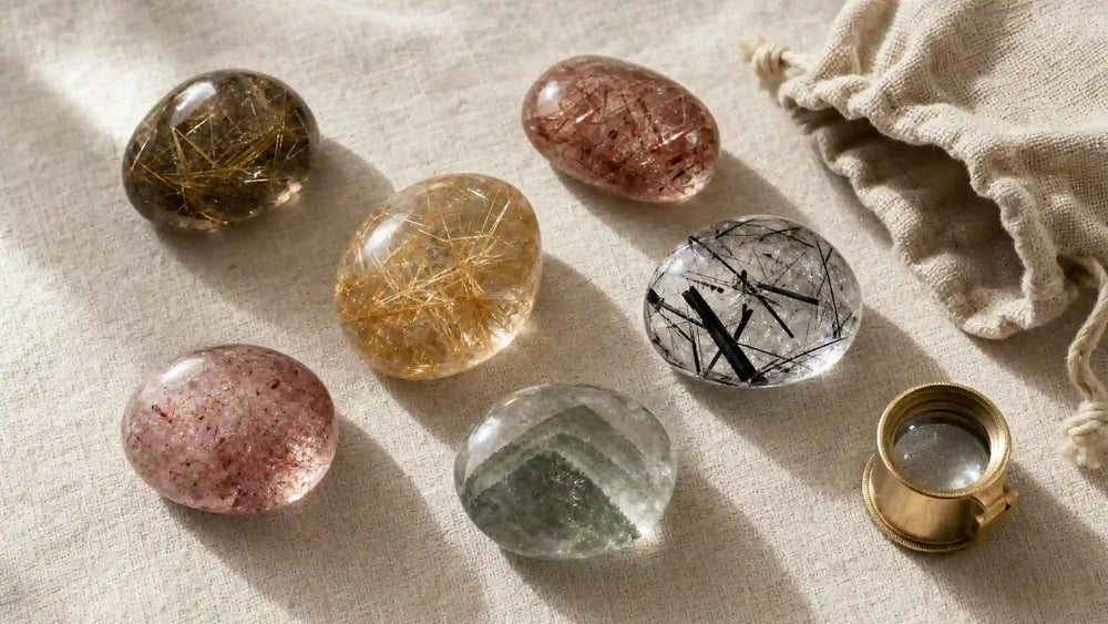 Editorial flatlay of six inclusion quartz specimens on warm cream linen — golden rutilated, black tourmalinated, red hematite-rutile, strawberry, green phantom, and smoky rutilated quartz — with a brass jeweler's loupe and an undyed linen pouch.