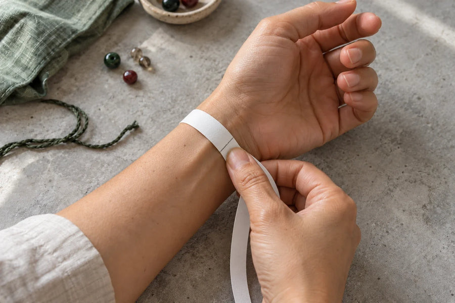 AI illustration of hands checking wrist circumference with a marked paper strip beside loose beads and cord