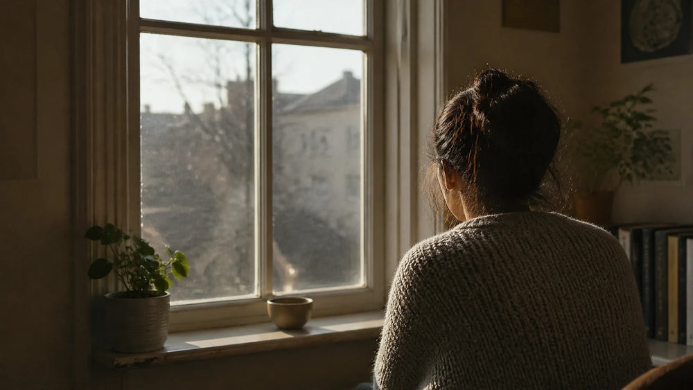 AI-generated editorial image of an anonymous person waiting by a sunlit window, illustrating anxiety while waiting for a manifestation result