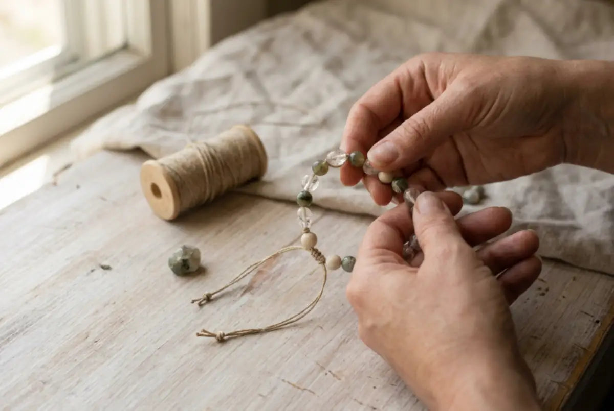 Maker's hands holding a hand-knotted natural stone bracelet over a worn wood workbench with linen, cord, and a thread spool