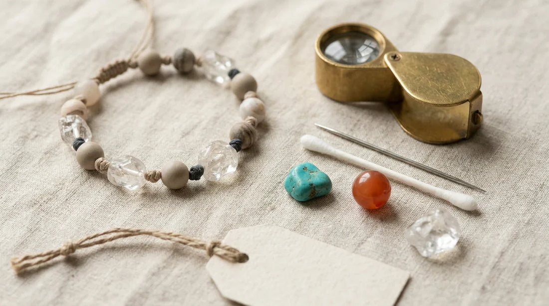 Hand-knotted bead bracelet on a linen workbench beside a brass loupe, loose stones, and maker's tools