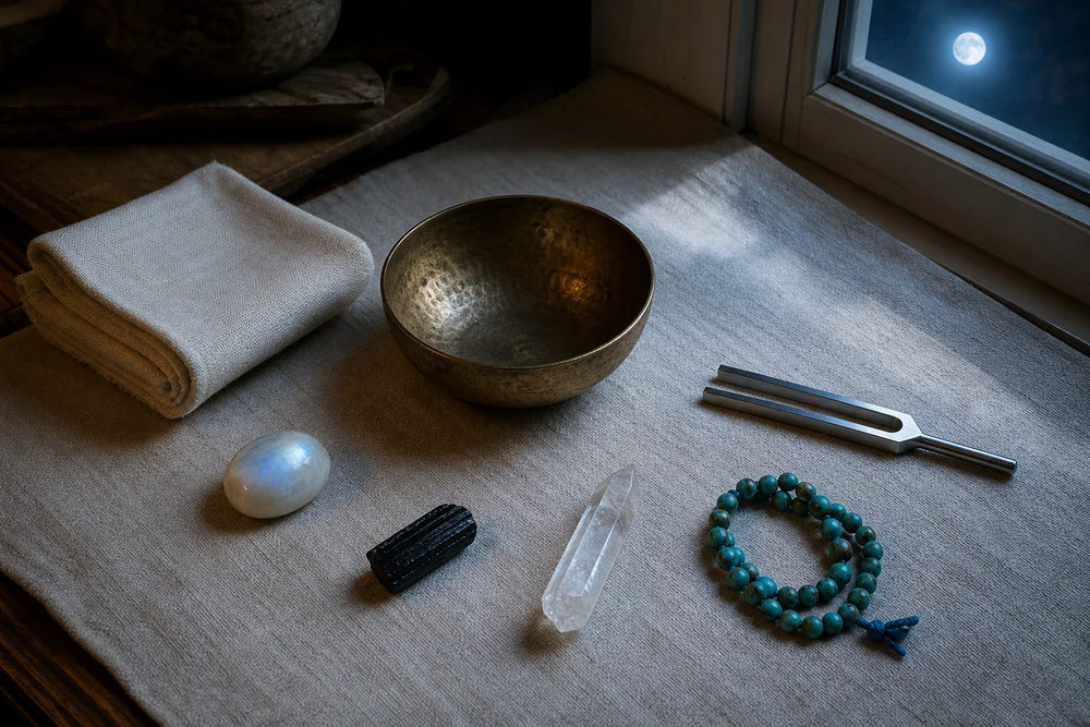 Soft cloth, bronze singing bowl, tuning fork, and separated Moonstone, Black Tourmaline, Clear Quartz, and Turquoise beneath indoor moonlight