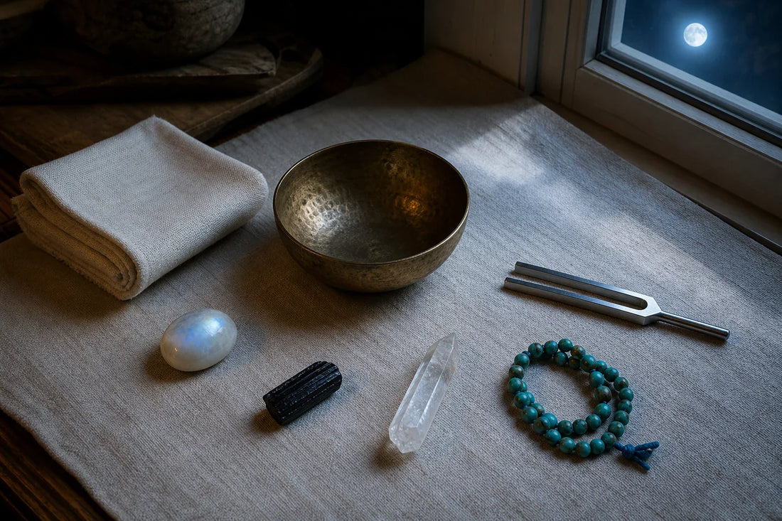 Soft cloth, bronze singing bowl, tuning fork, and separated Moonstone, Black Tourmaline, Clear Quartz, and Turquoise beneath indoor moonlight