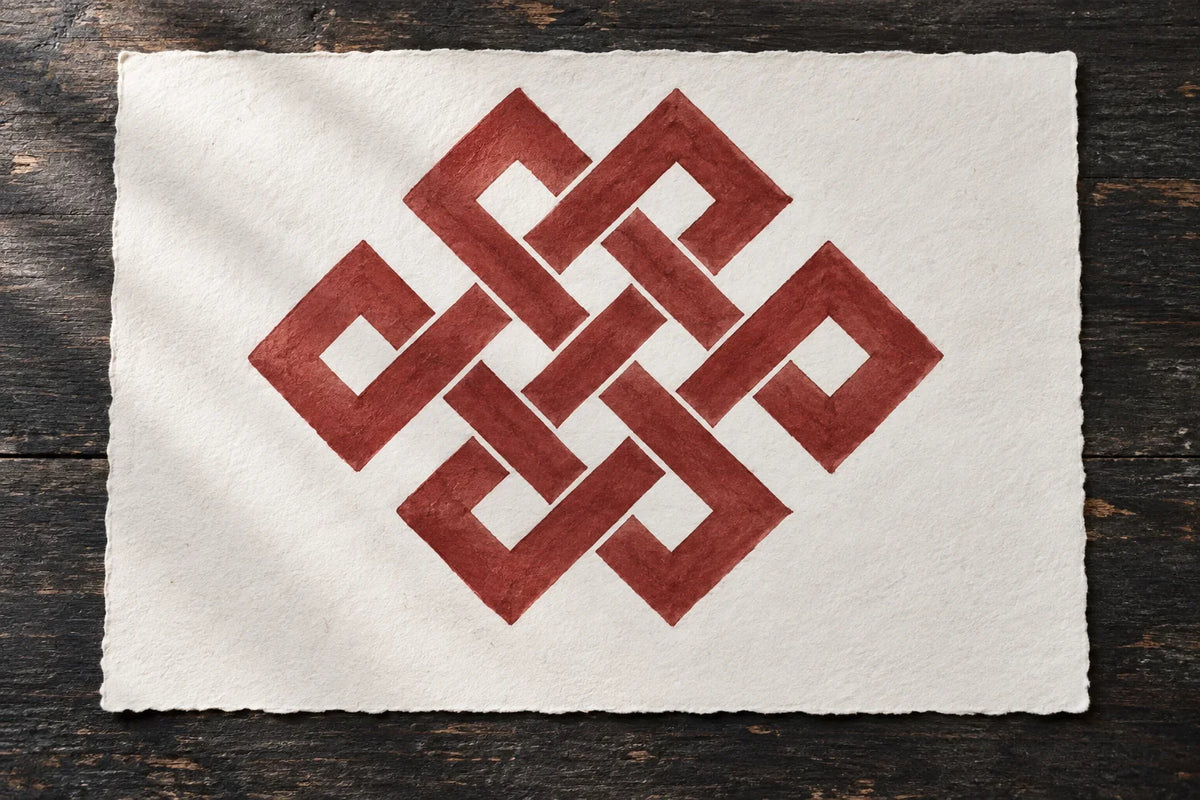 Conceptual ink rendering of a Tibetan Buddhist endless knot on textured paper, showing its interlaced continuous design.
