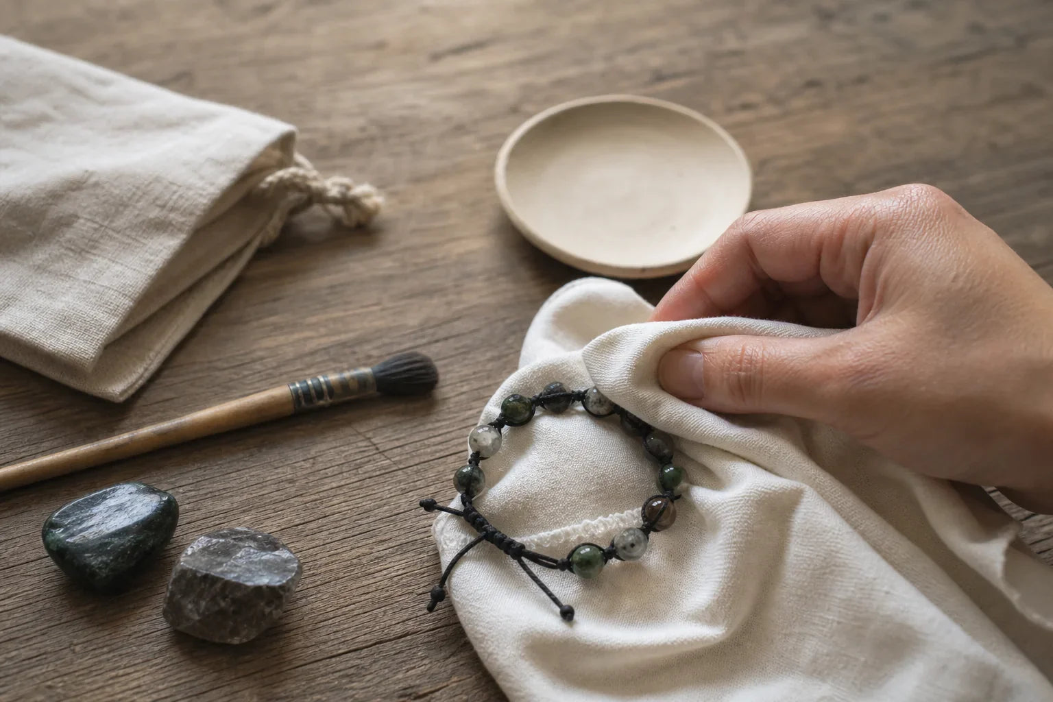 Editorial image showing dry-cloth care for hand-knotted crystal jewelry