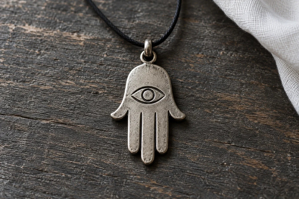 Illustration of a silver-colored Hamsa pendant with an eye motif on dark wood.