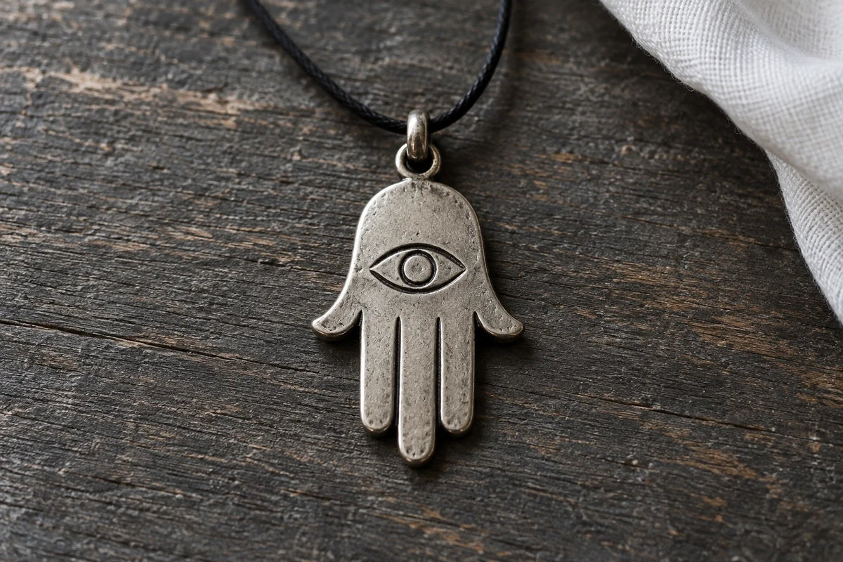 Illustration of a silver-colored Hamsa pendant with an eye motif on dark wood.