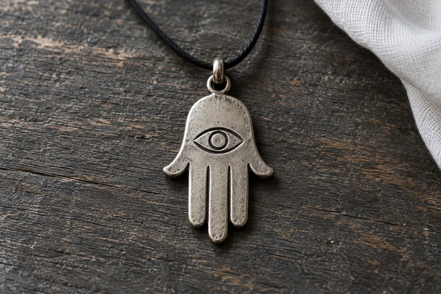 Illustration of a silver-colored Hamsa pendant with an eye motif on dark wood.