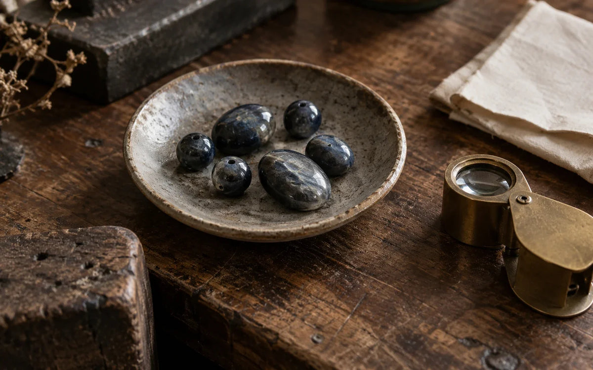 Conceptual studio still life of blue-gray beads and a jeweler's loupe; not an identification specimen