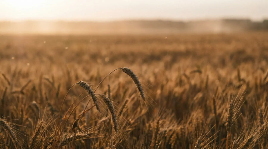 A late-summer field of ripening grain at golden hour, heavy heads bowing in warm August light â the agricultural ripening that gives Long Summer (é¿å¤), the fifth Chinese season, its name and its Earth-phase signature.
