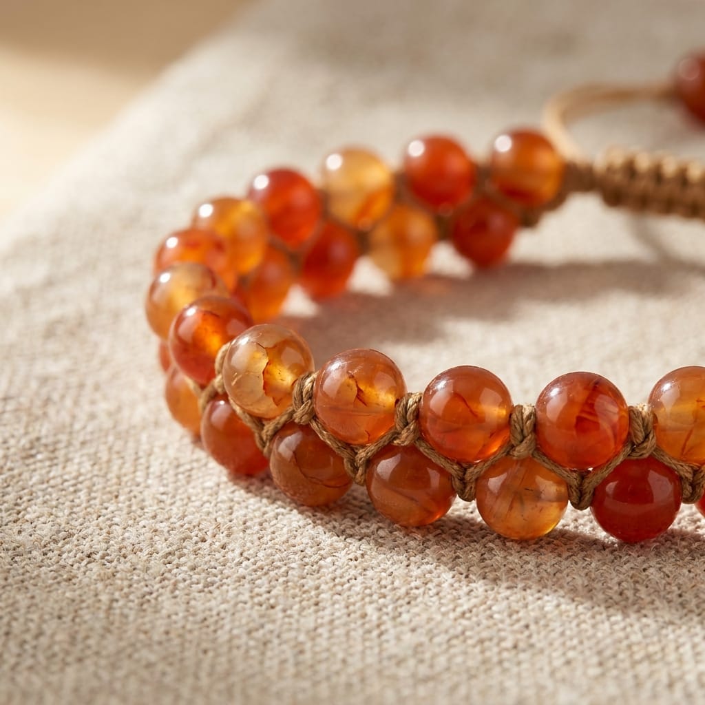 Hand-knotted Carnelian bead bracelet on natural linen, showing translucent orange-red chalcedony quartz beads with iron-oxide color banding knotted on cotton cord, a la luck edition-of-one talisman