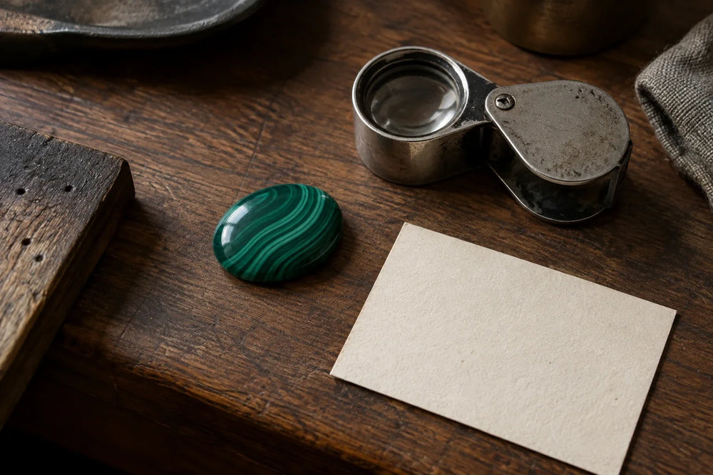 Conceptual workbench still life with a green banded prop, a jeweler’s loupe, and a blank material card; not an identification specimen.