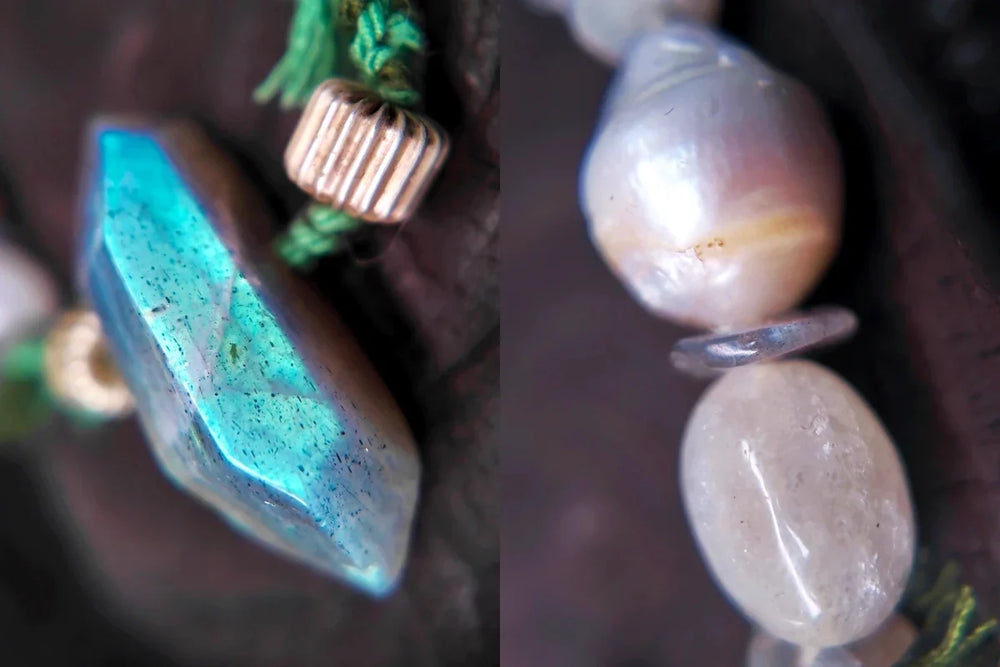 Real Labradorite blue flash beside pale Labradorite beads sold as White Moonstone in The Threshold 36 choker