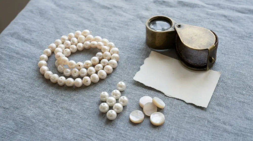 Cultured pearl strand beside glass and shell-based imitation pearl samples on a linen workbench