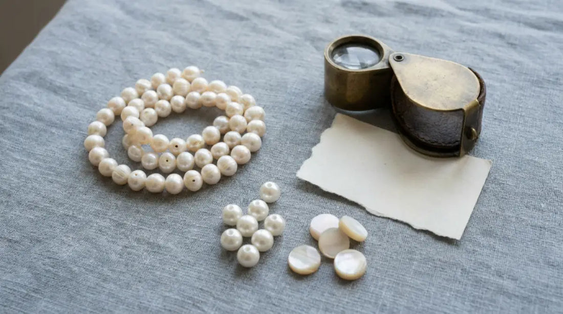 Cultured pearl strand beside glass and shell-based imitation pearl samples on a linen workbench