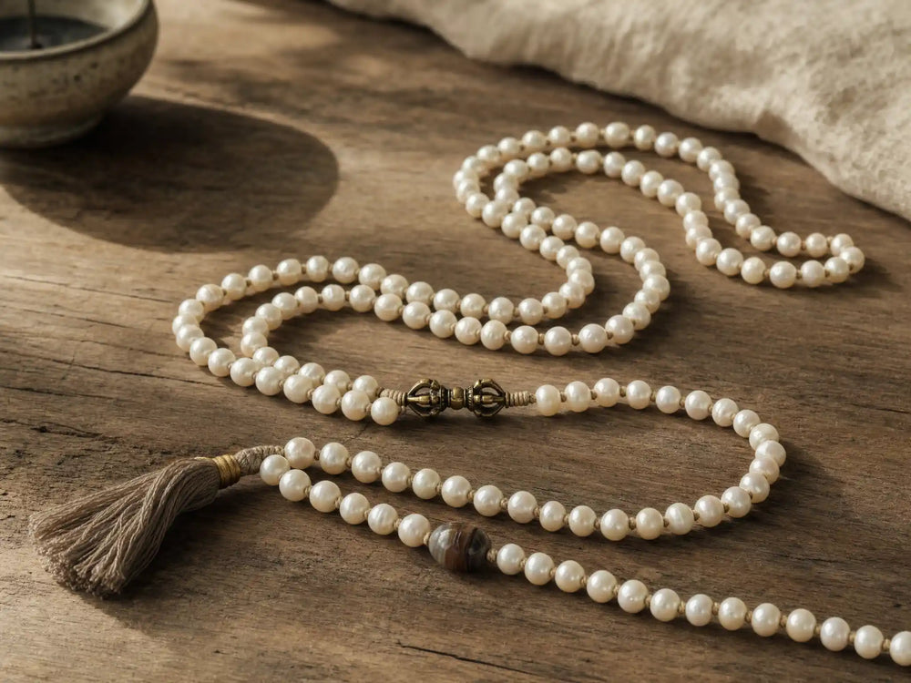 Hand-knotted 108-bead freshwater pearl mala with antique brass vajra centerpiece, banded Himalayan agate counter bead, and natural linen tassel on aged wood beside ceramic incense bowl.