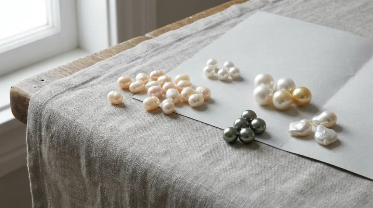 Freshwater, Akoya, Tahitian, South Sea, and baroque pearl forms arranged on neutral linen