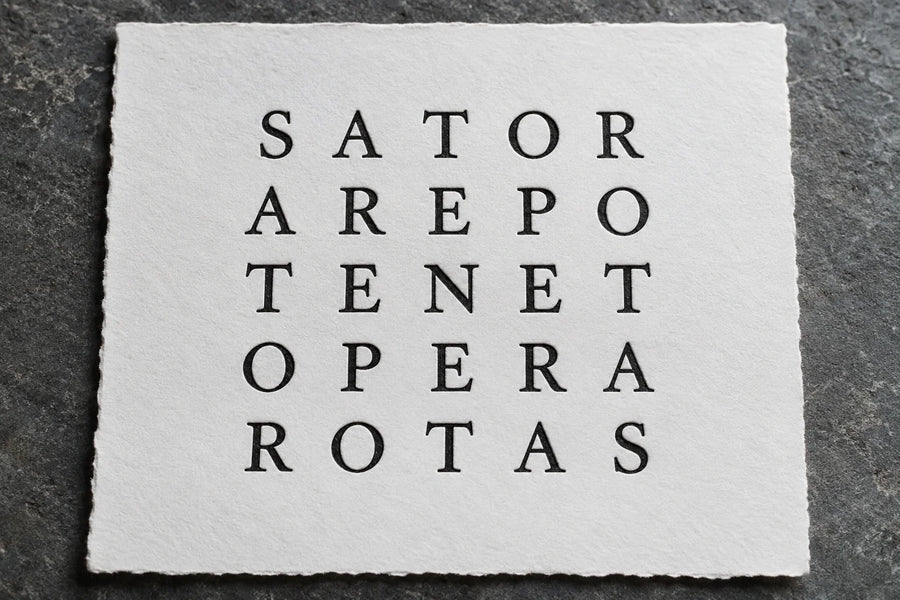 Modern illustrated Sator Square printed on textured white paper, with five rows reading SATOR, AREPO, TENET, OPERA and ROTAS.